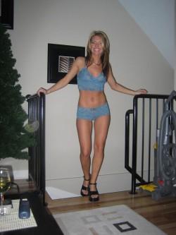 Skinny milf in blue Lingerie.