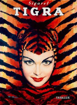 vintagegal:  In 1956 the American graphic designer Al Moore created Tiger Woman for the Tigra cigarette manufactured by S.A. Tabalux in Merxem-Antwerp. (via) 