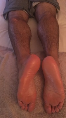 Tan hairy legs. Smooth heels and soles jock feet