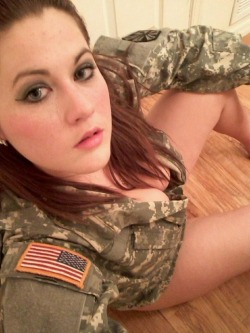 militarysluts:  Busty Army PFC takes off her uniform and sucks