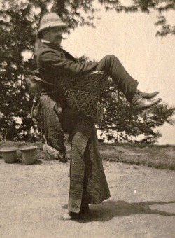A British merchant being carried by a Sikkimese lady on her back.
