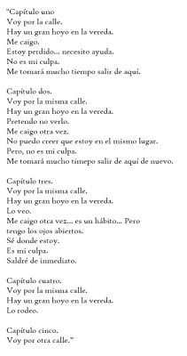 eres-hipnotizante:Portia Nelson, “Autobiografía en Cinco Capítulos”