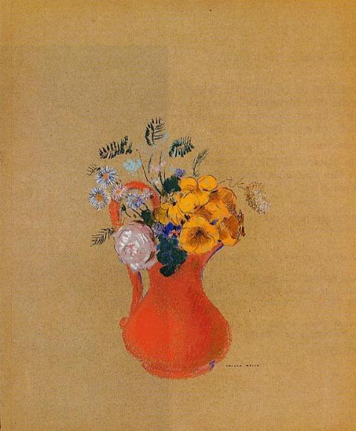 artist-redon:  Flowers in a Red Pitcher, 1900, Odilon RedonMedium:
