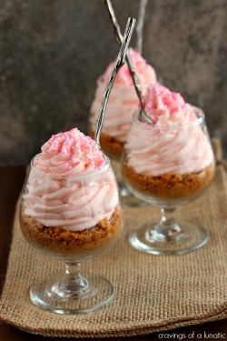 foodishouldnoteat:  Pink Lemonade No Bake Cheesecakes  
