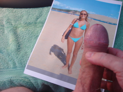 masturbatingonpics:  My mate Peter Smith asked if I’d masturbate over his lovely wife Emma. How could I resist - spunking over those wonderful tits and shaved cunt 