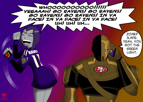 cdb2k3:  Raven Super Bowl Commish 2 by CDB2 This was for aftermath of the past season Super Bowl.  Raven shaking her purple rear end in the face of a super-salty Slade. ________________________________  Raven & Slade © DC Comic & Cartoon