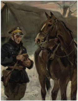 viktor-sbor:  Jerzy Kossak (1886-1955) . A dismounted cavalry officer . 1935. - Ежи Коссак ( 1886-1955).Спешенный кавалерийский офицер. 1935. 
