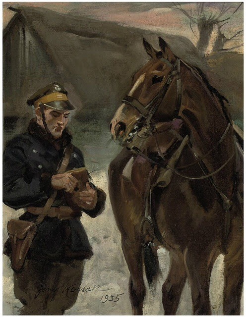 viktor-sbor:  Jerzy Kossak (1886-1955) . A dismounted cavalry officer . 1935. - Ежи Коссак ( 1886-1955).Спешенный кавалерийский офицер. 1935. 