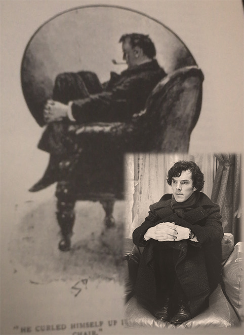 lady-sieben:  â€œÂ He curled himself up in his chair.â€ Artwork by Sidney Paget. Photoshop(ped) by me.  Sidney Paget Week: Day 2