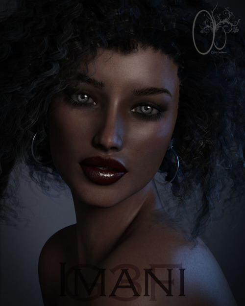 Imani is a hand sculpted custom character with standard morph additions.  All Diffuse, Specular, Normal and Bump Maps are HD quality for a more  realistic render finish. Metallic Eye and Lip overlays can be applied directly to the skin or  over your