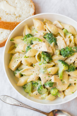 nom-food:  Creamy broccoli chicken shells with cheese 