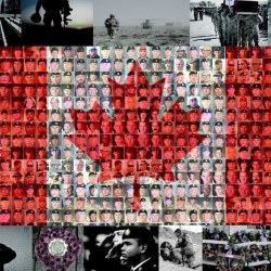 Photomosaic Canadian flag with the faces of fallen soldiers from