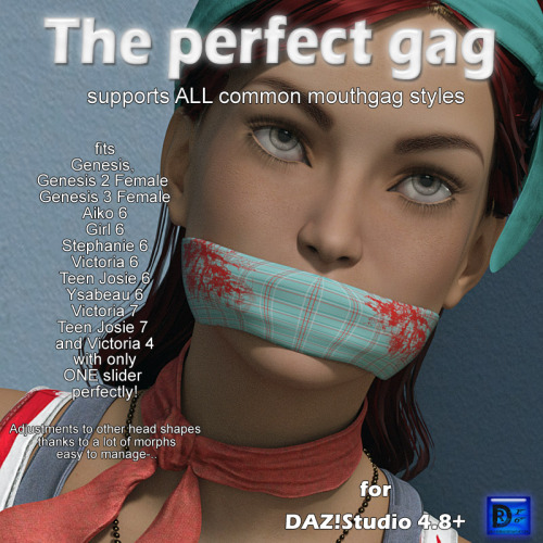  THE perfect gag for all of your figures… supports almost any human person and comes with 3Delight and Iray MATs.  Created by dravuor!  This mouth gag was designed to be useable for almost ANY NORMAL head  shape. It has already 12 “one push&r