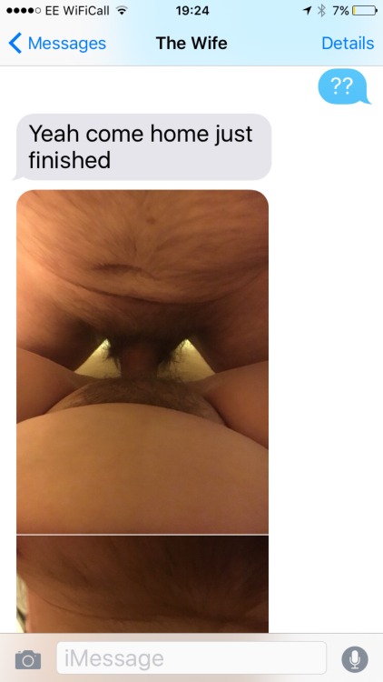 clackershotwife:  Sent from Mrs C while I was at work today. I got home just as he was dressing. He left a big load inside her. #hotwife #sms #text #cuckold.