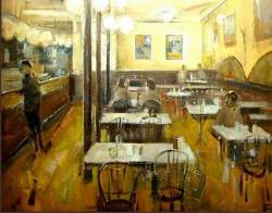 huariqueje:  Café at Barcelona  -     Ernest Descals   Catalan,b.1956-