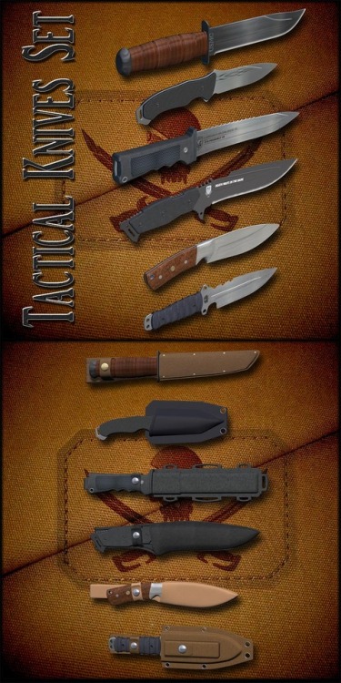 A  set of 12 Poser props in PP2 format replicating six different military  (or even Special Forces) tactical knife models with corresponding  smart-propped sheaths. Made by Richabri and compatible with Daz Studio 2  and Poser 5 ! Tactical Knives Set 