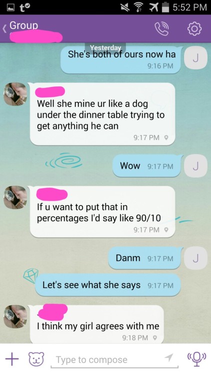 slutwife15:  This is a conversation between my wife face covered with pink her bull and me In Blue. Here you have him telling me how much percent my wife belongs to him and me. He is in charge of her and me and loves calling me bitch. As you can see his