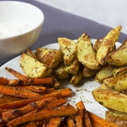 yummspiration:  Carrot chips & potato wedges. With a mustatd