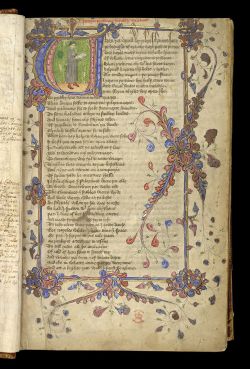 theoceanspectre:  Historiated initial of Chaucer holding an open