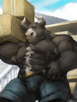 ralphthefeline:  Someone hired a moving company to move, and it turns out they sent a hefty bull for the service~Guess moving will be easy with bull helping~  