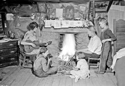 back-then:  The Glandon family around the fireplace in their