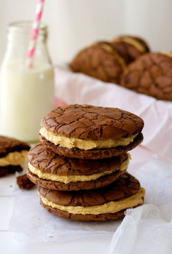 foodiebliss:  Brownie Cookie Sandwich With Peanut Butter FrostingSource: