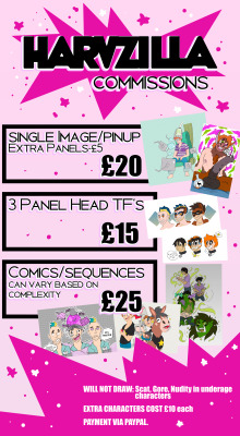 COMMISSIONSFinally got around to putting a commission guide together!My basic 3 things I will do are: Pin Ups/Standalone images, this can be of anything BUT extra panels cost £5 per one.3 Panel Head TF&rsquo;s these are pretty simple and you get an in