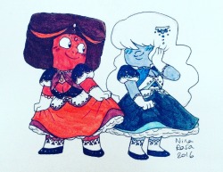 nina-rosa-draw:  Ruby and Sapphire in pretty dresses for @neroslime