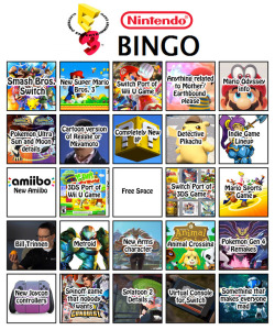 Here’s my Nintendo E3 Bingo Chart. I think a few of them are