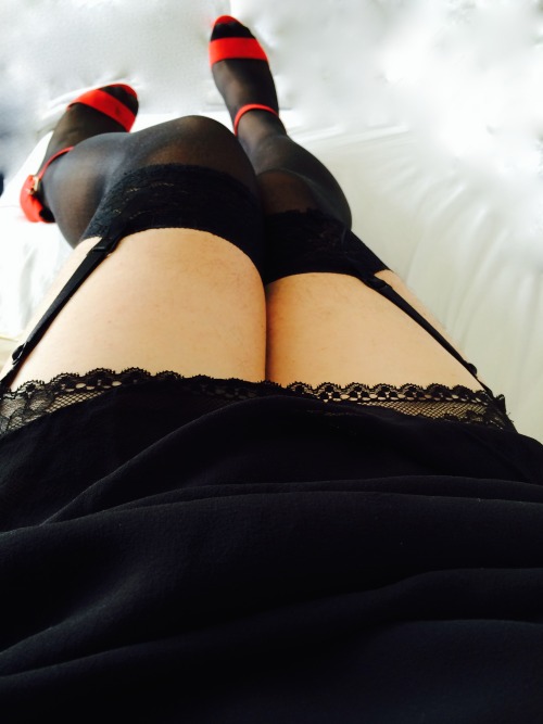 plikespanties:  plikespanties:  plikespanties:  I really went for it yesterday! Started with the red suede heels, then I bought stockings. Shaved my thighs & picked out my combined thong suspender skirt to go with the stockings. Finally I put on the