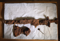 coolartefact:  Bronze sword, axe and pin found in Viking’s