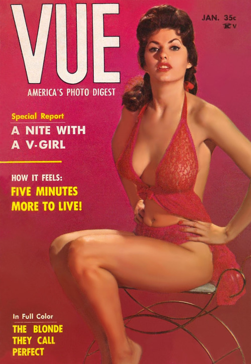 Beverly Hills (aka. Beverly Powers) graces the cover of the January ‘63 edition of ‘VUE’ magazine; a popular Men’s Digest..