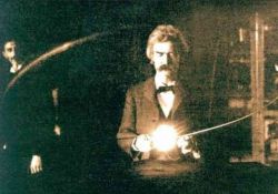 Mark Twain inside the laboratory of Nikola Tesla (1894)