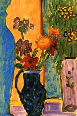 bofransson:  Still LIfe/ Flowers with Blue Vases and Pink Wallpaper