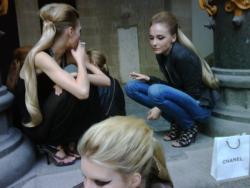 fashionloveskarl:  Cute Snejana and Sasha waiting outside Chanel