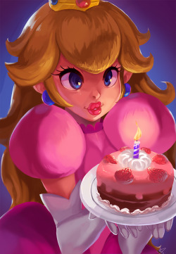 artofcelle:Happy Birthday Mario!  Peach with cake!  I’m thinking