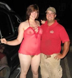 I think pizza guys get to see guys naked wives all the time. Big boobs, smile, I think big red nipples and a bush that is brunett.