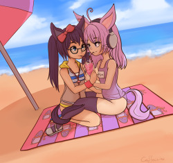 Sharing a drink on the beach, shaded by an umbrella, legs wrapped