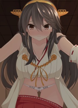 艦隊これくしょん、榛名（艦これ）、chimunge、パンツ、アンテナ、スカート、ヘッドギア、ロングヘア、一人、一人称視点、下着、乳、分離袖、四つん這い、女一人、女子が上に、巨乳、スカート引っ張り、白いパンツ、カメラ目線、肩出し、胸の谷間、茶色の瞳、赤面、超ロングヘア、鎖骨、黒髪