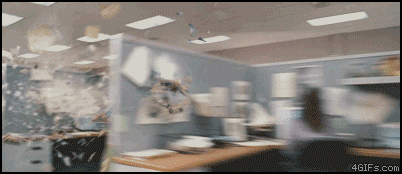 4gifs:  Flying dog destroys all office cubicles 