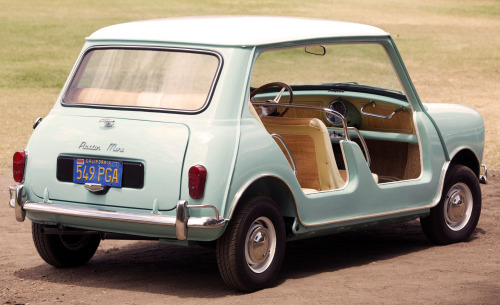 carsthatnevermadeit:  Austin Mini Beach Car, 1961. Built to promote the launch of the Mini in the United States, the exact number of Minis which were converted is unknown but thought to be between 9 and 14. The car pictured was sold at auction forÂ 赕,5