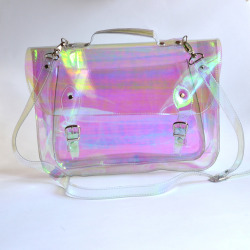 goldenponieshoes:  Holographic vinyl clear plastic satchel. 