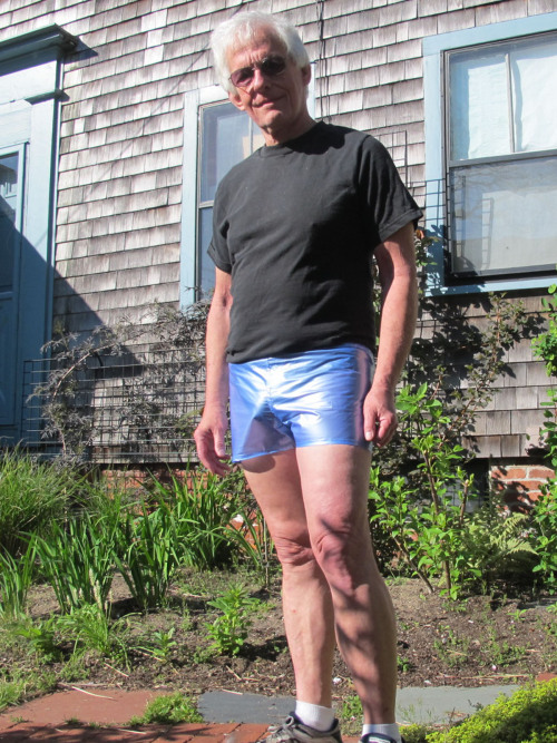 188.Â  Blue vinyl shorts.