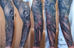 gravenimagetattoo:  Adam’s black and gray biomech sleeve in