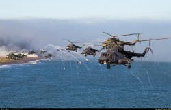 toocatsoriginals:  Russian Mi-8AMTSh Hip helicopters in formation.