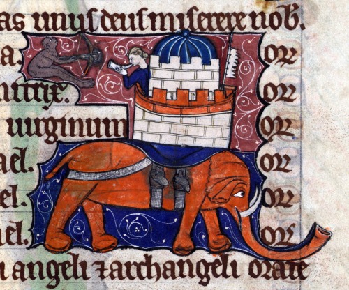 discardingimages:  war elephant and monkey crossbower Book of Hours, England ca. 1300 Baltimore, The Walters Art Museum, Walters Ms. W.102, fol. 28r 