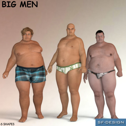 SFD is at it again with these fantastic new shapes for your Genesis 3 Male figures.  Need some real men? Big Men comes with 6 heavy, obese and big man shapes.   You can apply any material and texture that is compatible with Genesis 3  Male, like Michael