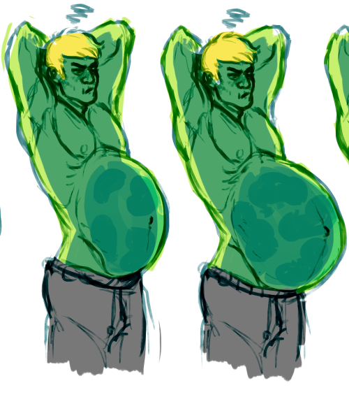 bigbarabelly:  this is the first time ive ever indulged in drawing my own fetishes before im really hesitant about drawing some chars i actually want to but for now heres an old old oc hyper nutrient rich slime guy who can alter his anatomy to carry and