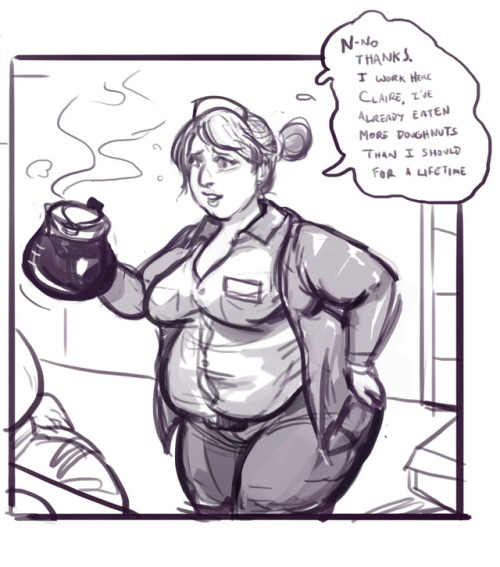 fatline: Charitable Claire’s offer -Sketch Is there really such a thing as too many donuts? Working on a comic featuring MultiTask vs Maternia. You’ve messed with the wrong doughnut shop Judith. Dawn is Donuthole created by good friend https://twitter.com