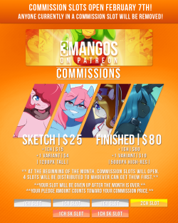 Commission slots on Patreon will be available on February 7th,